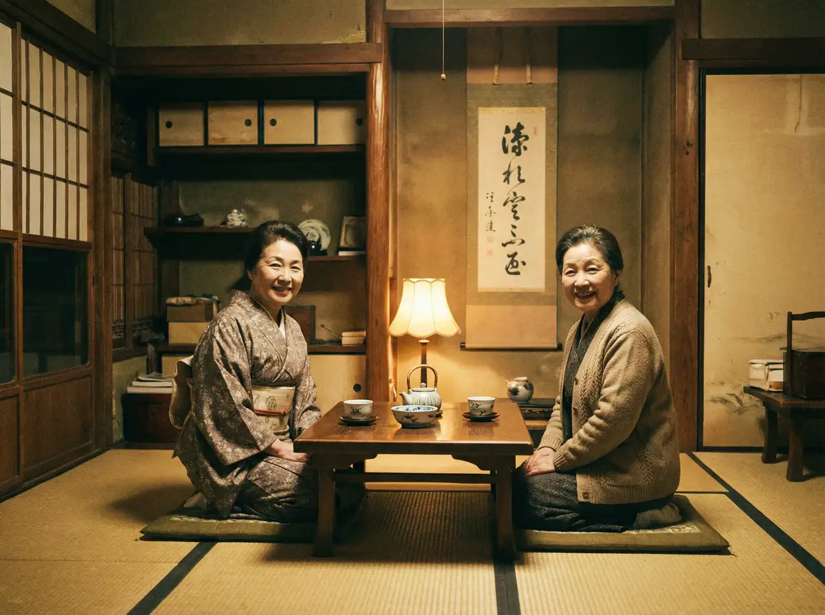 两位优雅的 俄罗斯美女 在日式茶室中品茶交谈